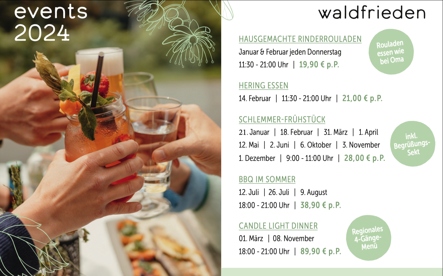 Eventkalender 2024 - Restaurant Vulkan Waldfrieden: Schlemmer Frühstück, Hering Essen, BBQ im Sommer, Candle Light Dinner, Hausgemachte Rinderrouladen